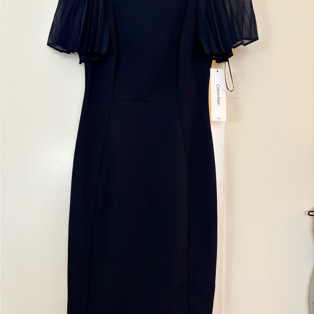 Calvin Klein Black Midi Dress with Pleated Sleeves